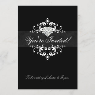 Elegant Wedding Invite Jewel Heart Black White