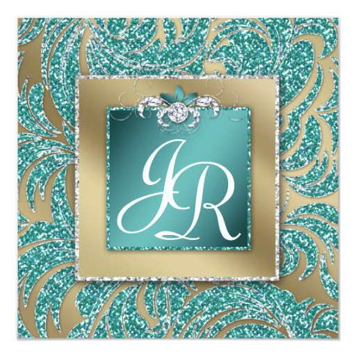 Image of Elegant Wedding Invite Leaf Floral Teal Sparkle