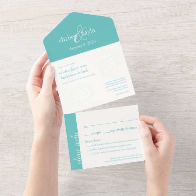 Elegant Wedding Invite, Turquoise All-in-One All In One Invitation (Tearaway)