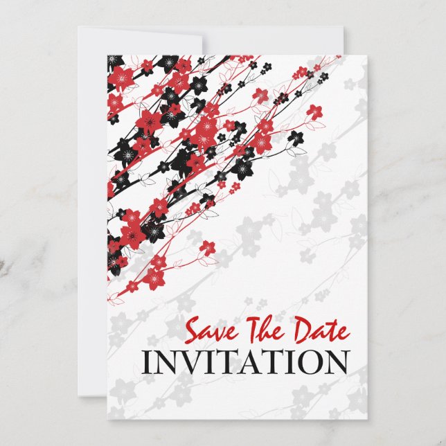 Elegant Wedding Japanese Flowers Red Save The Date (Front)