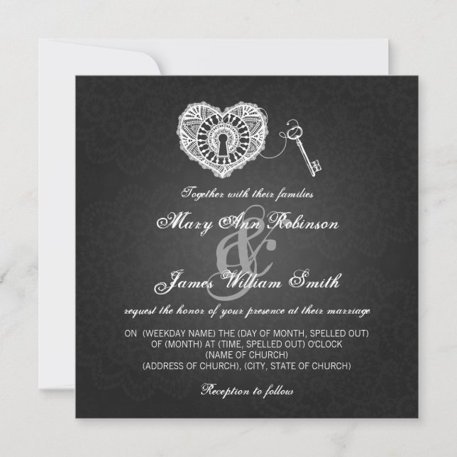 Elegant Wedding Key To My Heart Black Invitation (Front)