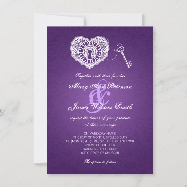 Elegant Wedding Key To My Heart Purple Invitation (Front)