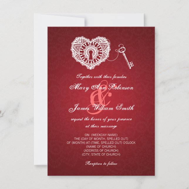 Elegant Wedding Key To My Heart Red Invitation (Front)