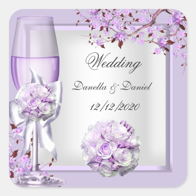 Elegant Wedding Lavender Purple Lilac 4 Square Sticker (Front)