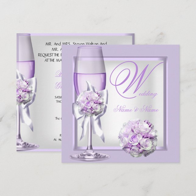 Elegant Wedding Lavender Purple Lilac Champagne 3 Invitation (Front/Back)