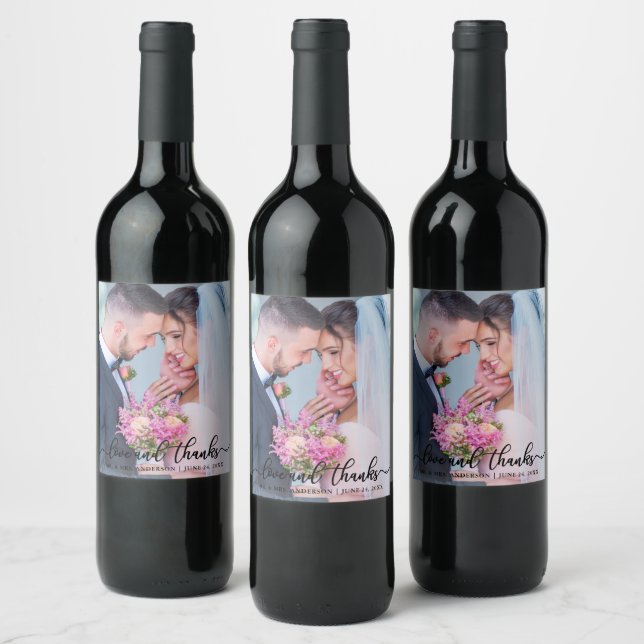 Elegant Wedding Love and Thanks Photo Blk Wine Label (Bottles)