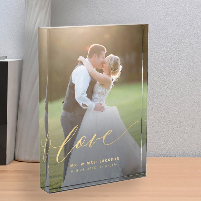 Elegant wedding love gold script Mr and Mrs custom Photo Block (Creator Uploaded)