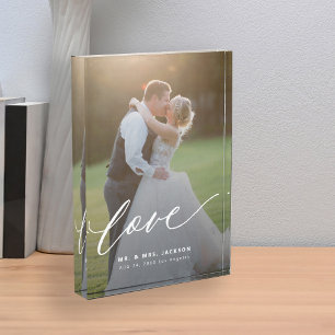 Elegant wedding love script mr and mrs custom photo block