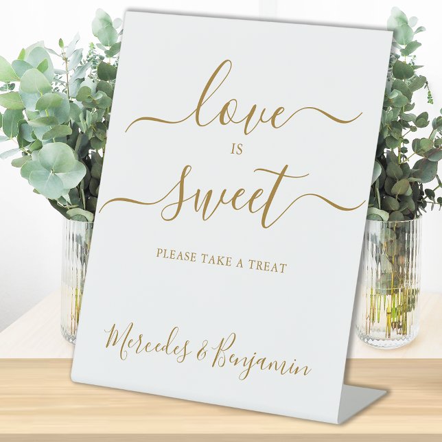 Elegant Wedding Love Sweet Gold Personalised Table Pedestal Sign (Creator Uploaded)
