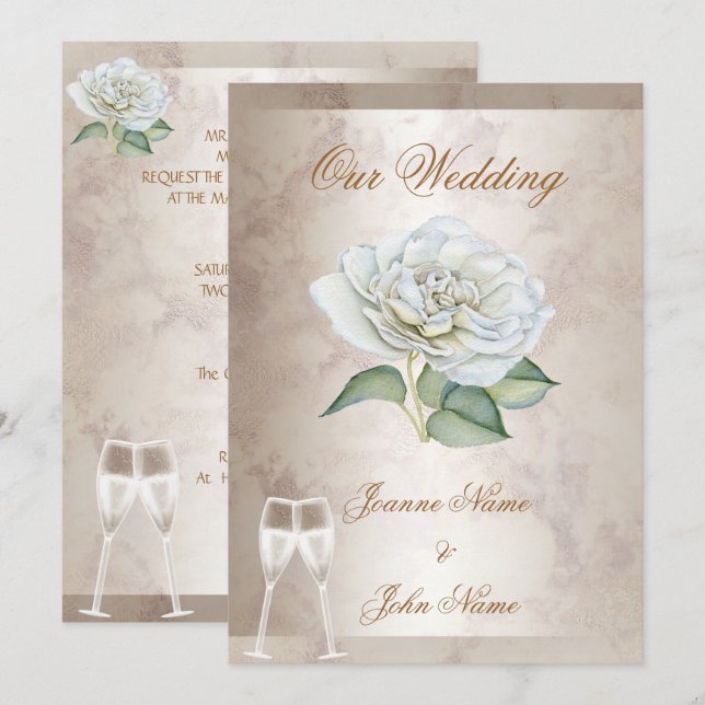 Elegant Wedding Marble Rose Cream White Champagne Invitation (Front/Back)