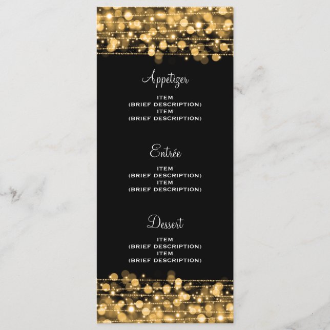 Elegant Wedding Menu Party Sparkles Gold (Front)