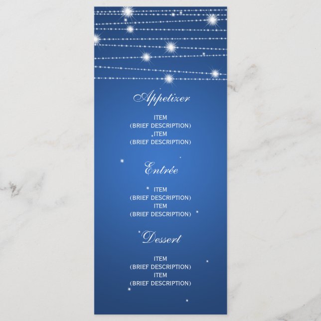 Elegant Wedding Menu Sparkling Lines Sapphire Blue (Front)