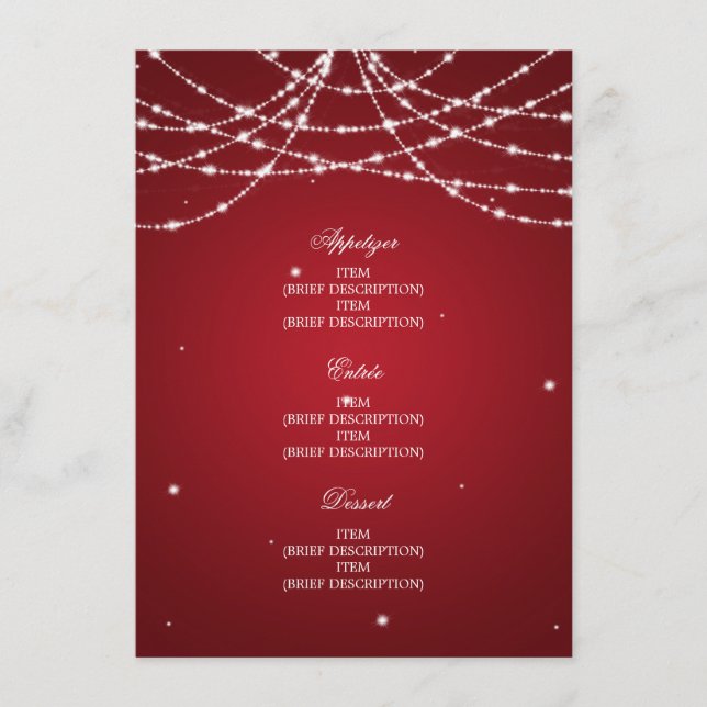Elegant Wedding Menu Sparkling String Red (Front)