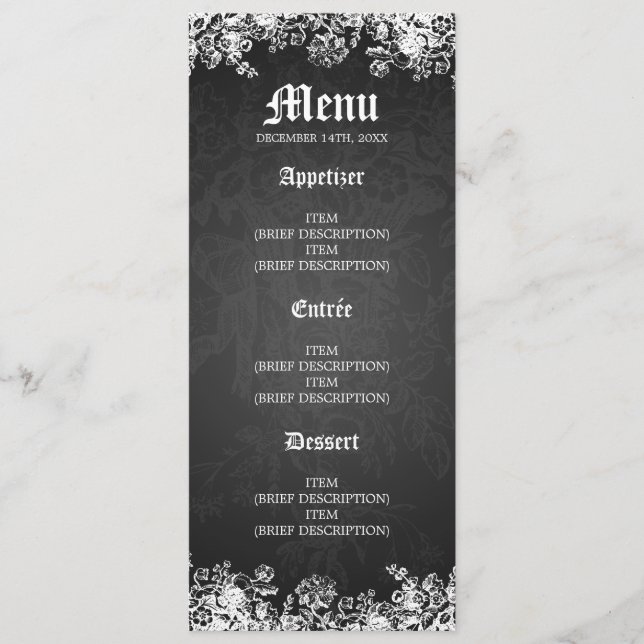 Elegant Wedding Menu Victorian Flourish Black (Front)
