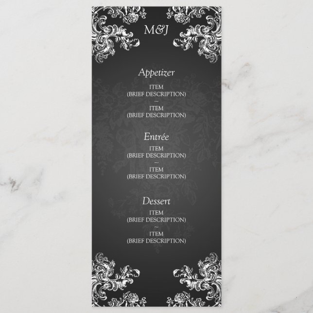 Elegant Wedding Menu Vintage Swirls 2 Black (Front)