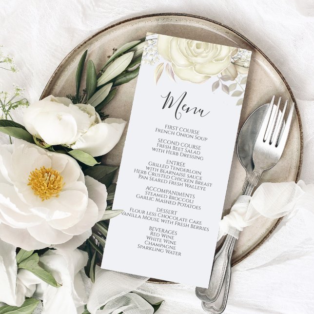 Elegant Wedding Menu White Floral Script (Wedding menu card with calligraphy script and elegant foliage.)