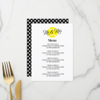 Elegant wedding menu with yello tennis ball logo
