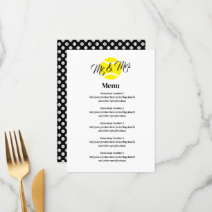 Elegant wedding menu with yello tennis ball logo