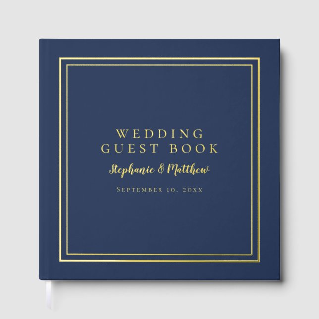Elegant Wedding Modern Calligraphy Navy Blue Gold Guest Book (Front)