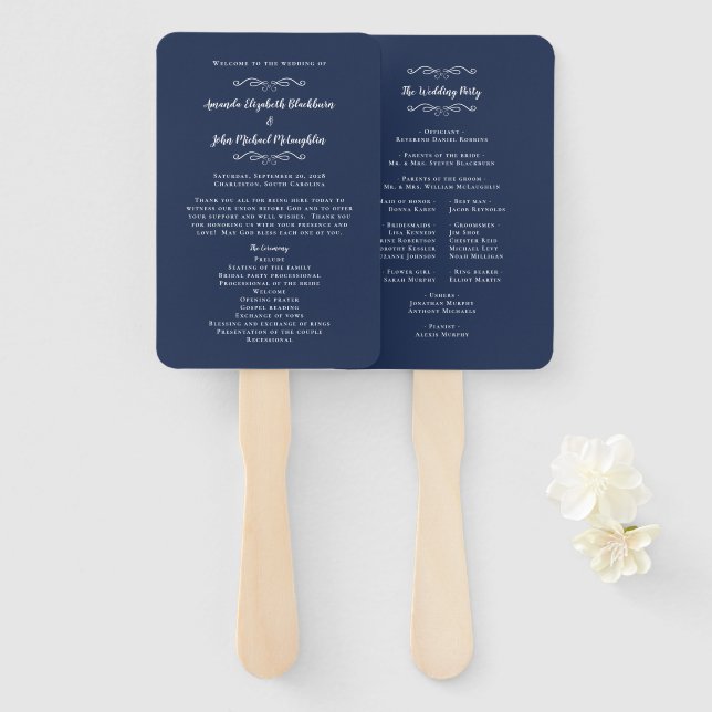 Elegant Wedding Modern Ceremony Program Blue White Hand Fan (Front and Back)