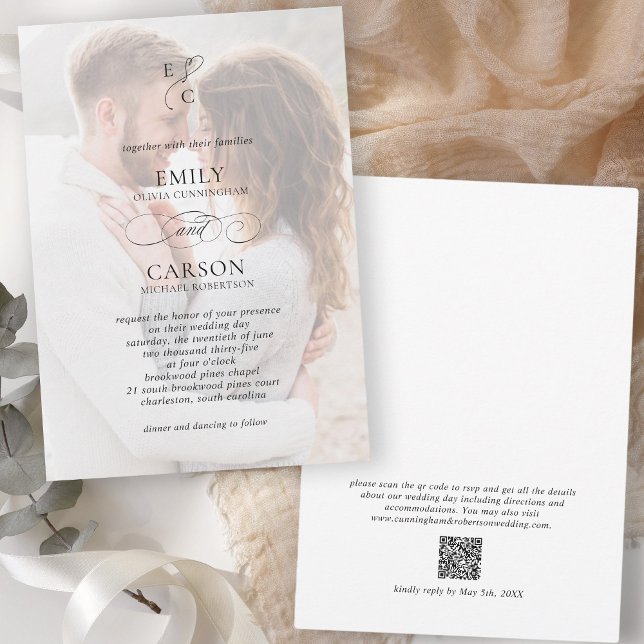 Elegant Wedding Modern Faded Photo Monogram Logo  Invitation (Creator Uploaded)
