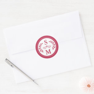 Elegant Wedding Modern Monogram Magneta Red Favour Classic Round Sticker