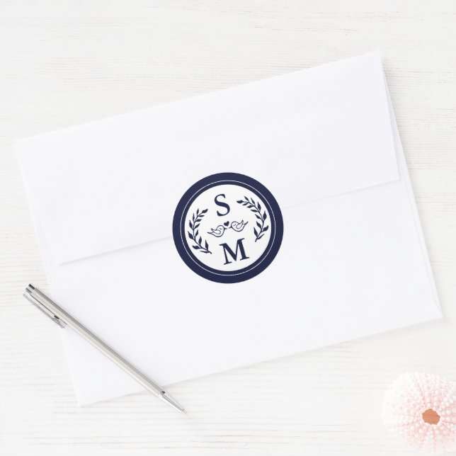 Elegant Wedding Modern Monogram Navy Blue Favour Classic Round Sticker (Envelope)