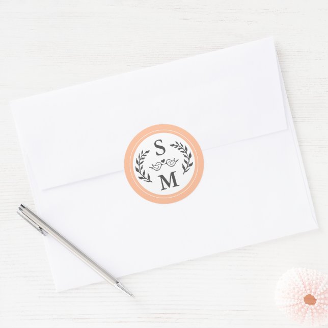 Elegant Wedding Modern Monogram Peach Trendy Favou Classic Round Sticker (Envelope)
