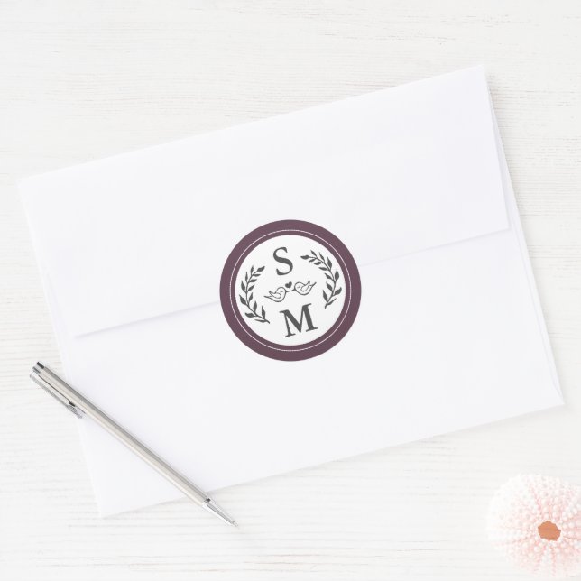 Elegant Wedding Modern Monogram Purple Plum Classic Round Sticker (Envelope)