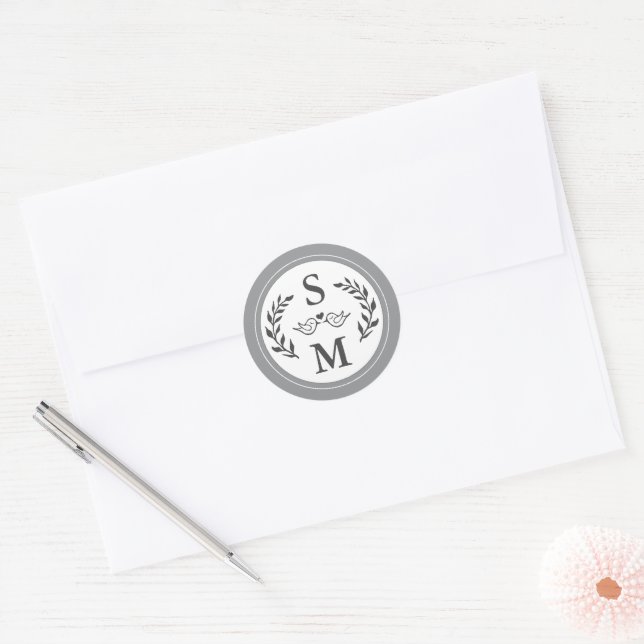 Elegant Wedding Modern Monogram Stylish Grey Favou Classic Round Sticker (Envelope)