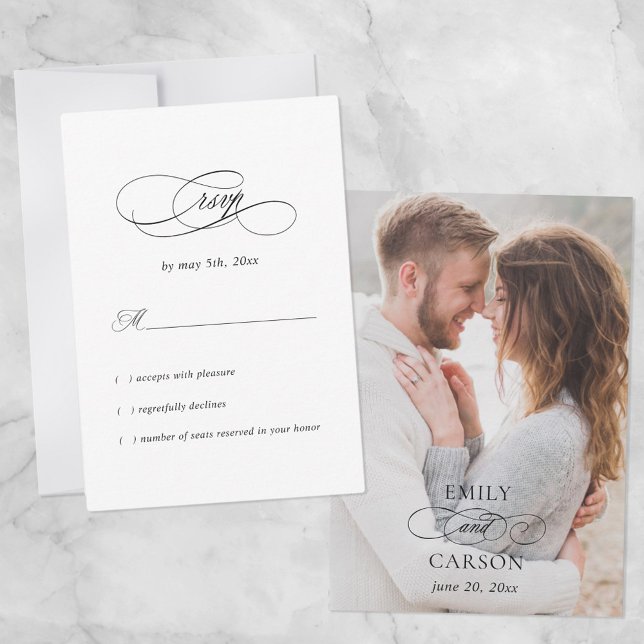 Elegant Wedding Modern Photo Names & Date Black RSVP Card (Creator Uploaded)