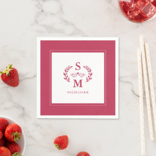 Elegant Wedding Monogram Crest Wreath Magenta Red Napkin