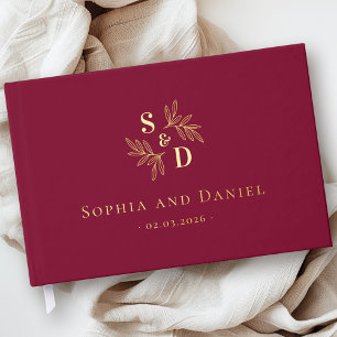 Elegant wedding monogram greenery leaves burgundy guest book