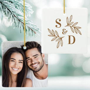 Elegant wedding monogram greenery leaves ceramic ornament
