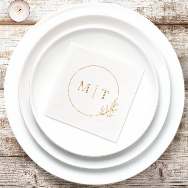 Elegant Wedding Monogram Greenery Leaves  Foil Napkins (Insitu)