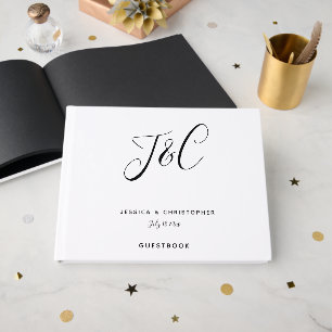 Elegant Wedding Monogram Modern Script Black White Guest Book