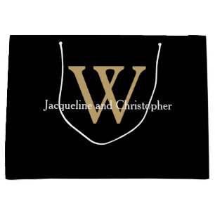 Elegant Wedding Monogram Names Chic Black Gold  Large Gift Bag