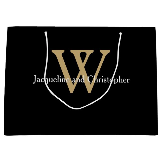 Elegant Wedding Monogram Names Chic Black Gold  Large Gift Bag (Front)
