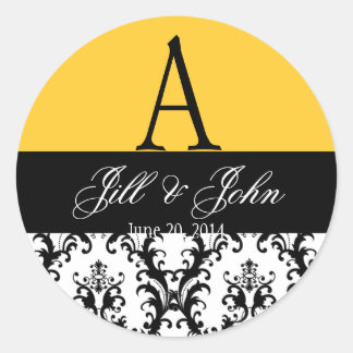 Elegant Wedding Monogram Names Date Damask Yellow Classic Round Sticker