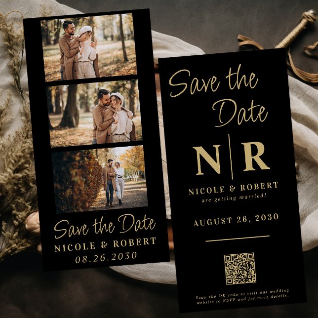 Elegant Wedding Monogram Photo Strip QR Code Save The Date (Creator Uploaded)