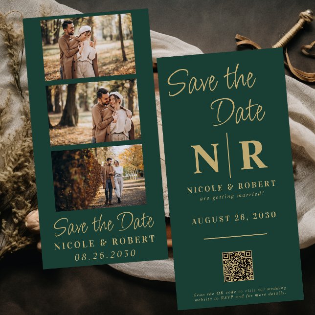 Elegant Wedding Monogram Photo Strip QR Code Save The Date (Creator Uploaded)