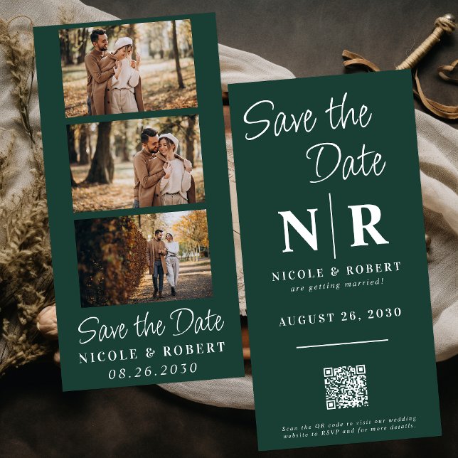 Elegant Wedding Monogram Photo Strip QR Code Save The Date (Creator Uploaded)