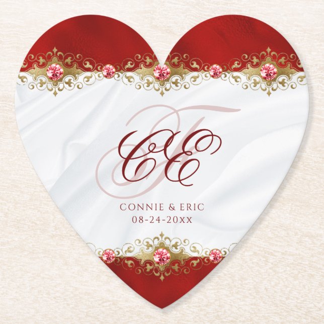 Elegant Wedding Monogram Red Gold Floral Paper Coaster (Front)