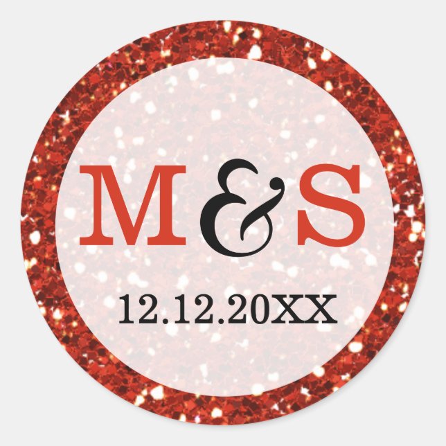 Elegant Wedding Monogram Seals | Red Glitter (Front)