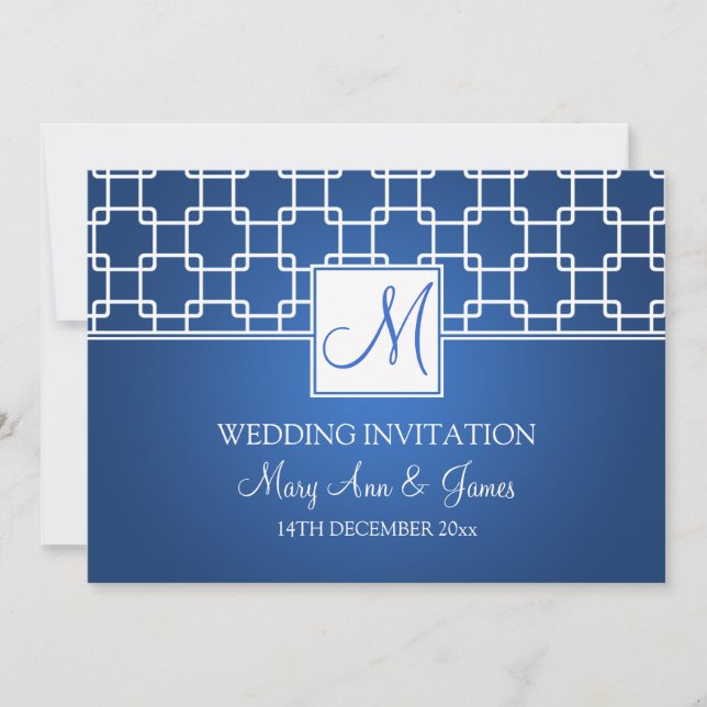 Elegant Wedding Monogram Trellis Pattern Blue Invitation (Front)