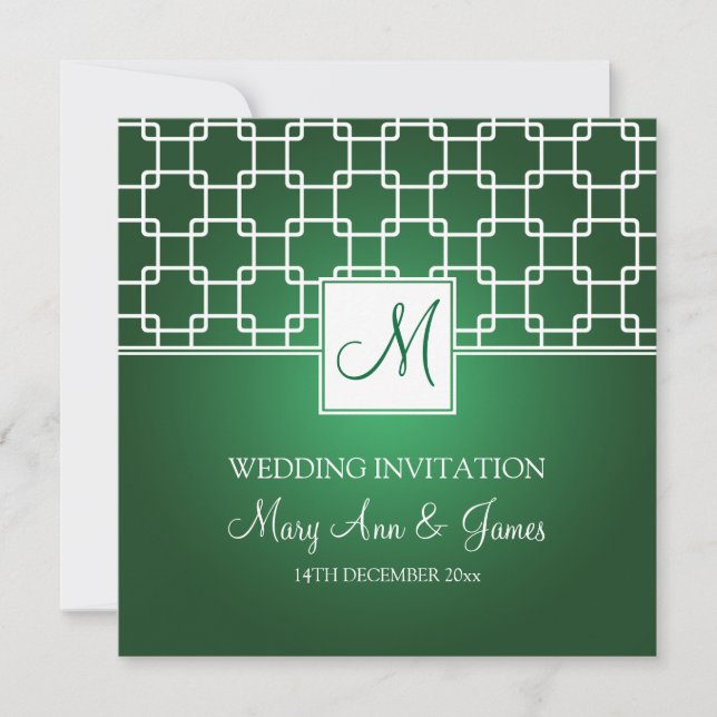 Elegant Wedding Monogram Trellis Pattern Green Invitation (Front)