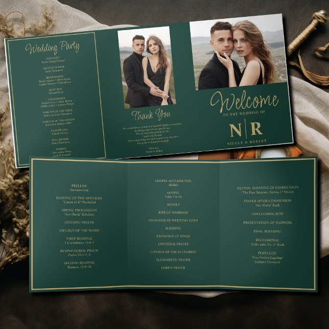 Elegant Wedding Monogram Tri-Fold Wedding Program Holiday Card (Creator Uploaded)