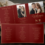 Elegant Wedding Monogram Tri-Fold Wedding Program Holiday Card<br><div class="desc">Step into sophistication and grace with our Dark Red and Gold Elegant Wedding Monogram Tri-Fold Wedding Program. This meticulously crafted program combines timeless elegance with modern convenience, ensuring your ceremony is as seamless as it is stylish. With its rich dark red hue and shimmering gold accents, this tri-fold program exudes...</div>