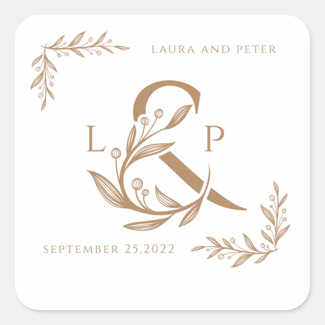 Elegant wedding monograms with floral ampersand  square sticker (Front)