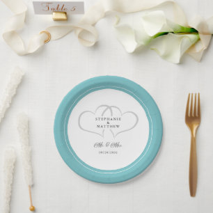 Elegant Wedding Mr & Mrs Aqua White Hearts Fancy Paper Plate